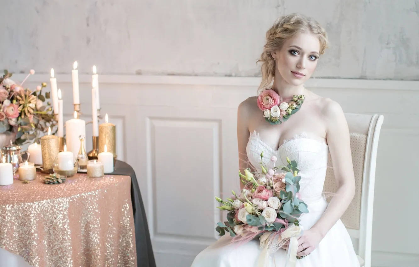 Photo wallpaper smile, bouquet, candles, dress, blonde