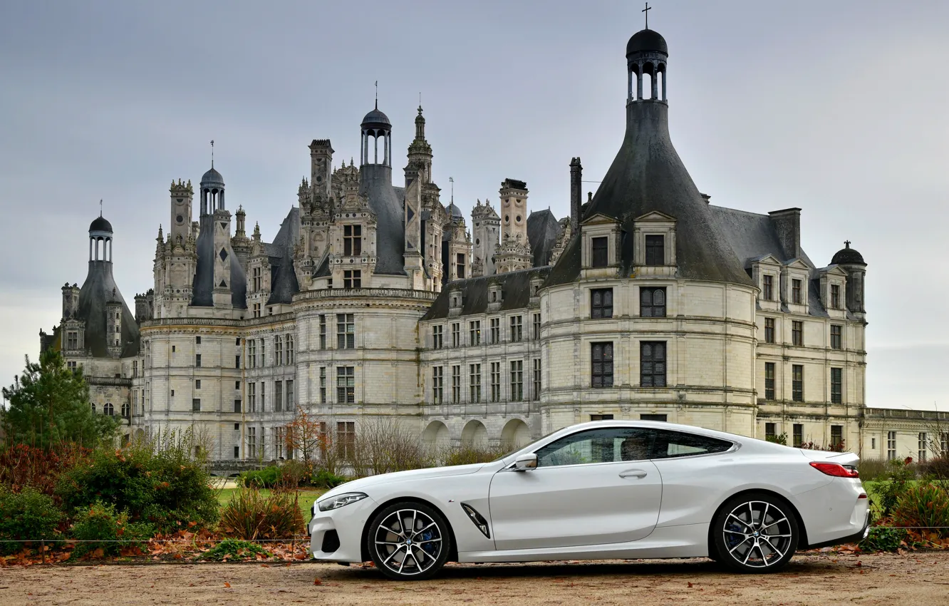Photo wallpaper white, coupe, BMW, 2018, in profile, 8-Series, Eight, G15
