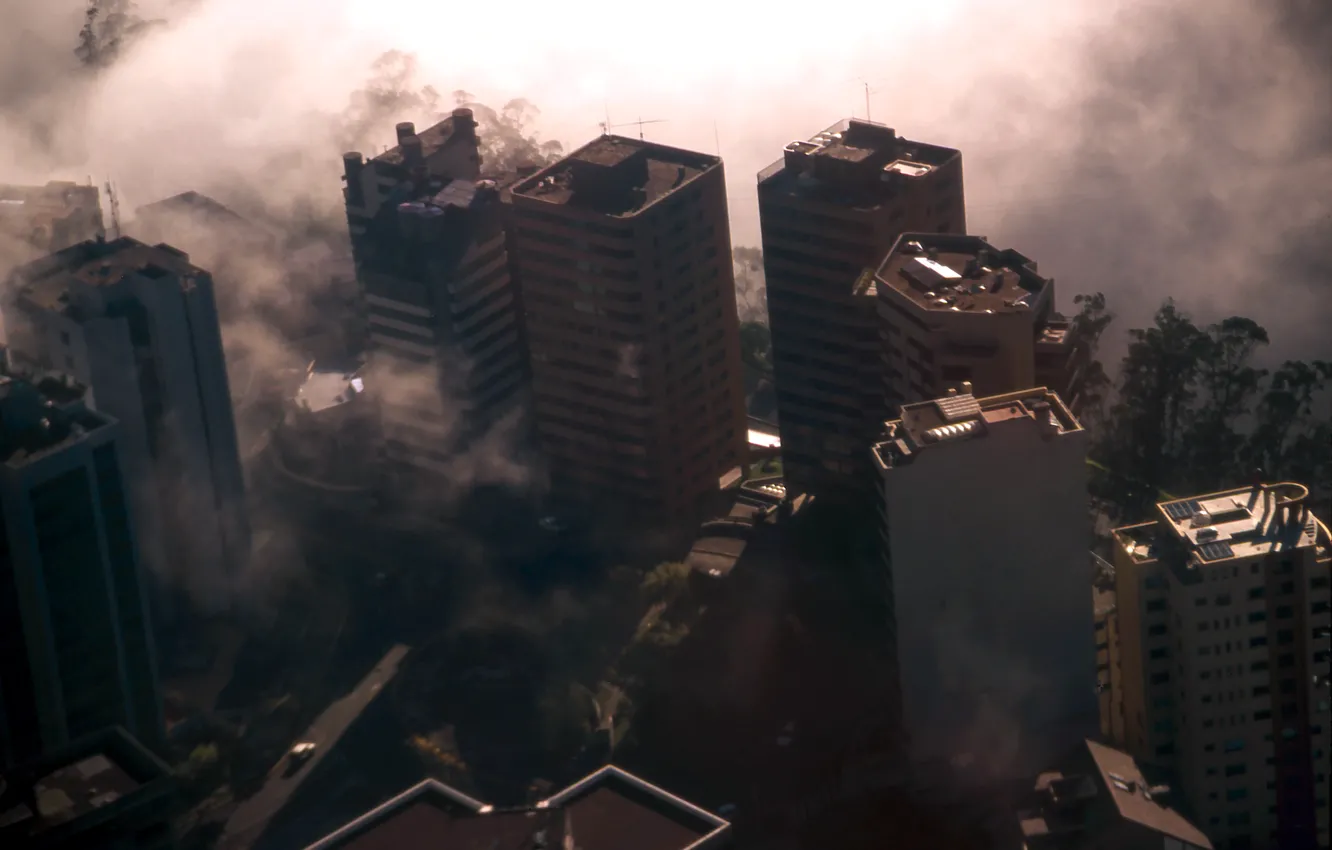 Photo wallpaper skyline, landscape, buildings, foggy, aerial, cliff