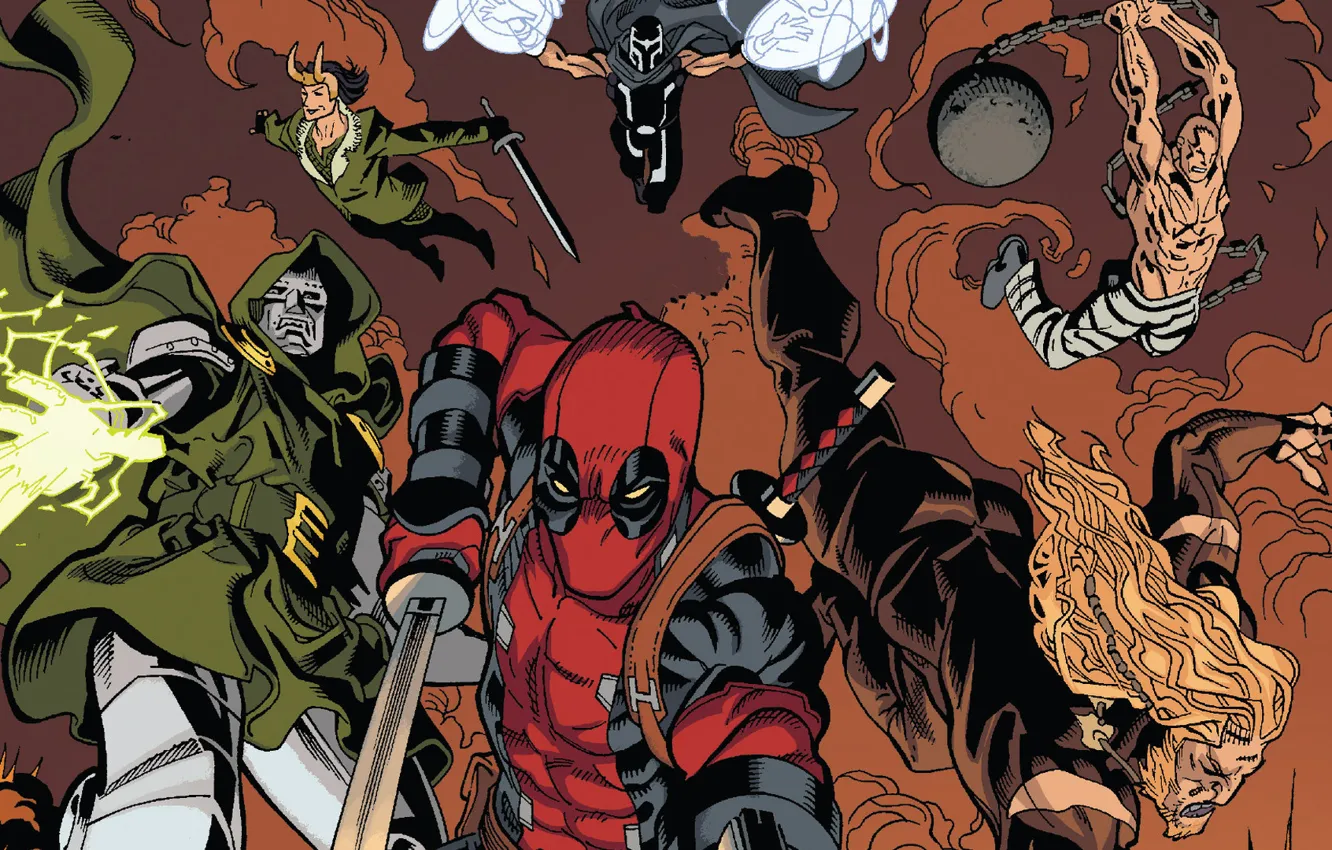 Photo wallpaper red, Deadpool, Deadpool, comics, Magneto, Magneto, MARVEL, Loki