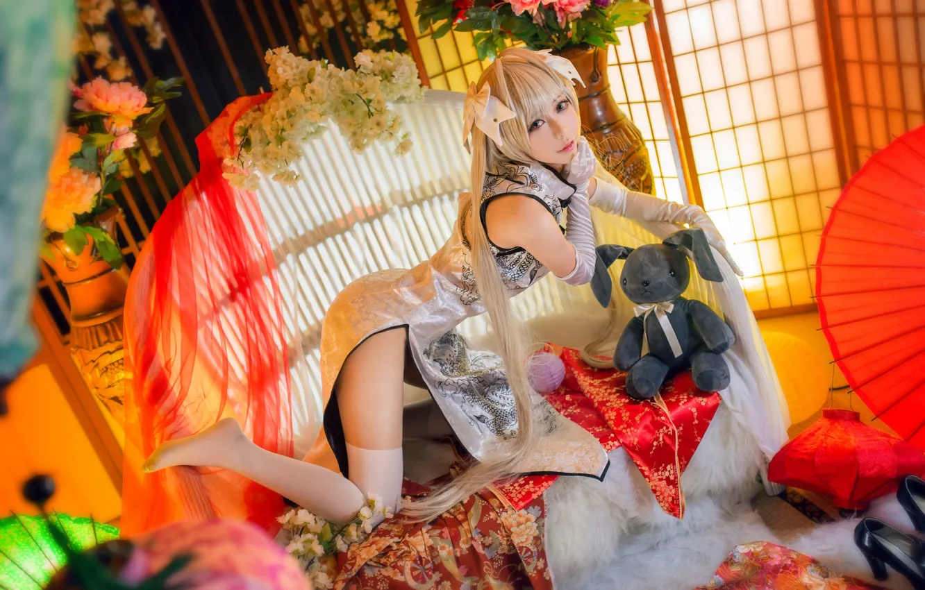 Photo wallpaper look, girl, light, flowers, red, face, sexy, pose