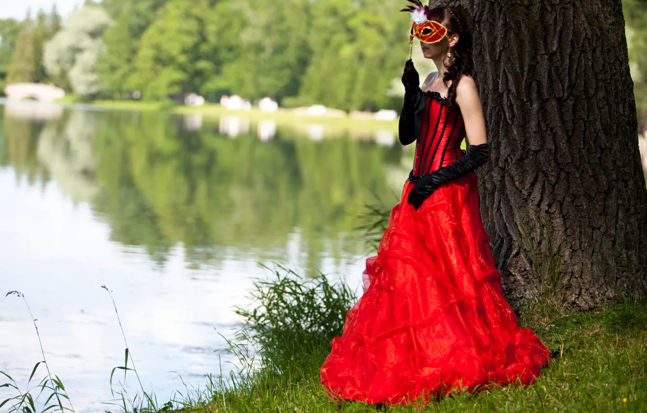 Photo wallpaper girl, lake, tree, brunette, mask, gloves, in red, dress