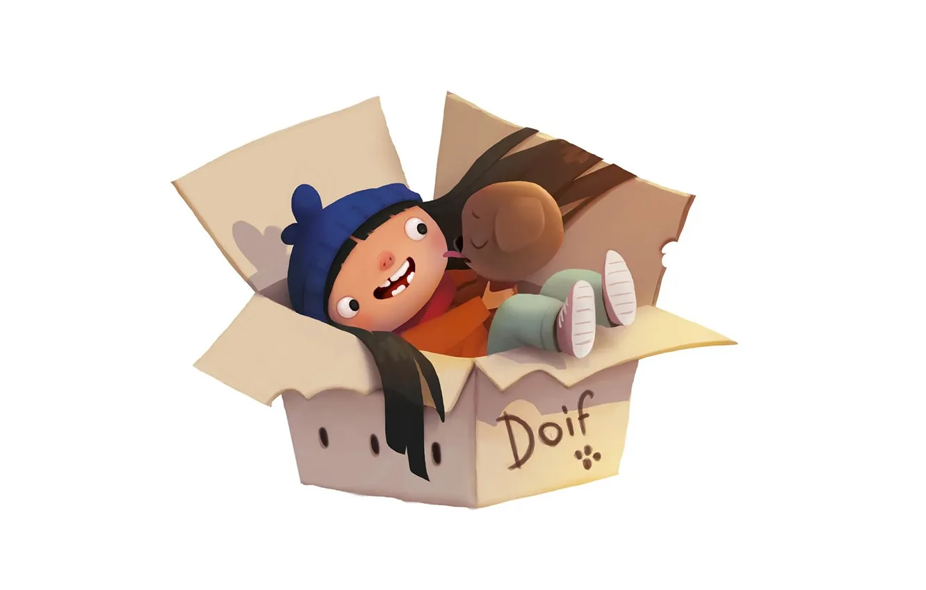 Photo wallpaper stuck out his tongue, girl, puppy, knitted beanie, box, sneakers, white background, Magic doggie Doif