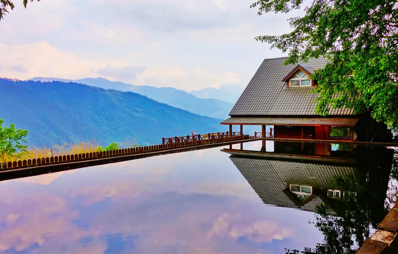 Photo wallpaper mountains, house, view, height, pool, in the mountains, Taiwan, Taichung City