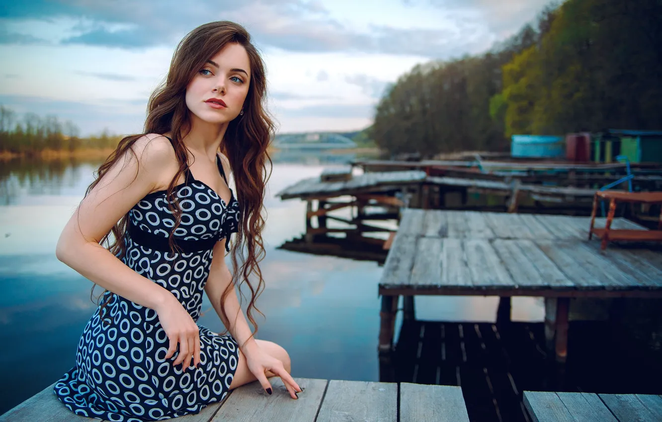 Photo wallpaper sky, dress, trees, nature, clouds, lake, model, women