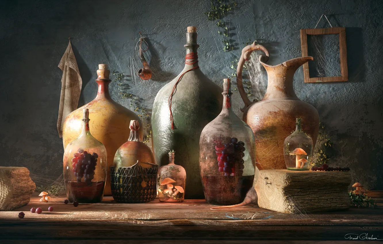 Photo wallpaper still life, composition, acrt, Farid Ghanbari, Bottles of Life