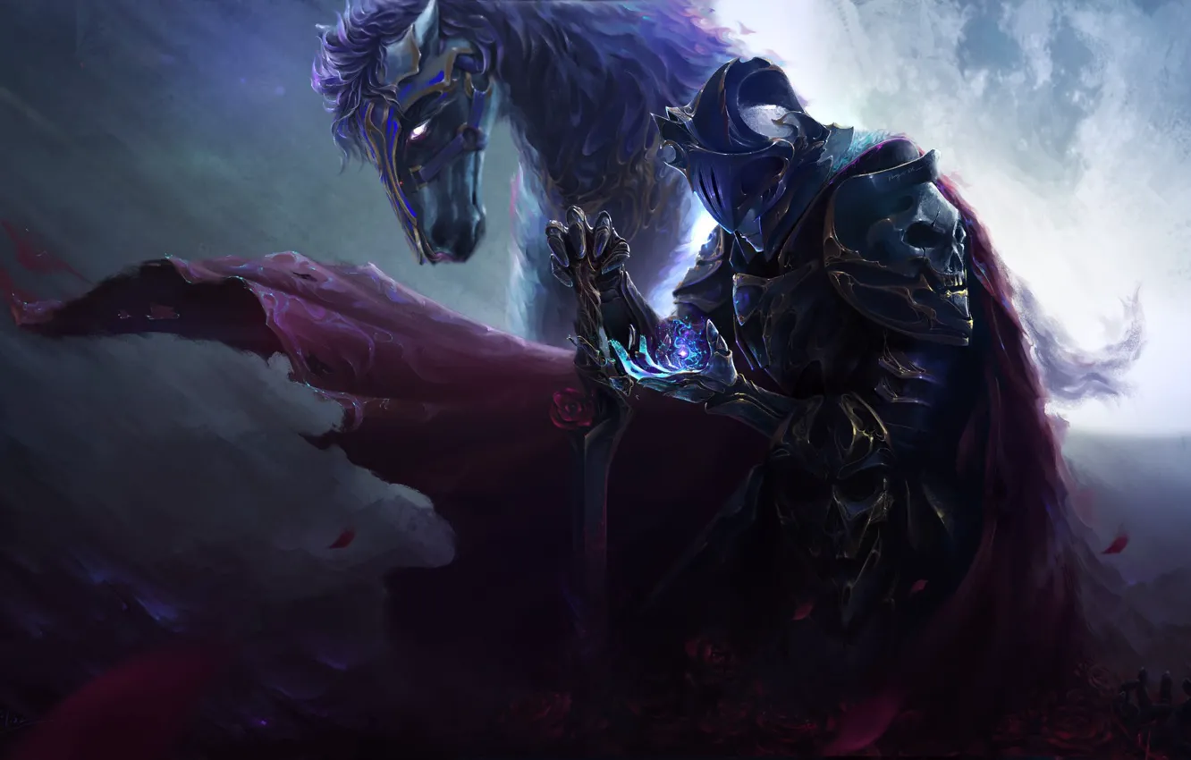 Photo wallpaper animal, horse, magic, skull, sword, armor, fantasy, art