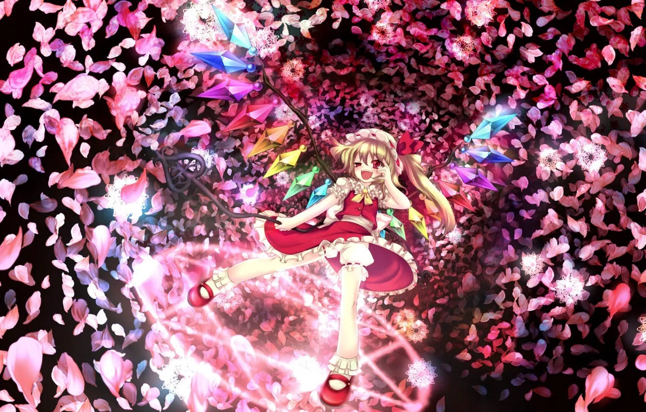 Photo wallpaper spell, madness, cherry blossoms, vampire, the magic circle, Touhou Project, black magic, Flandre Scarlet