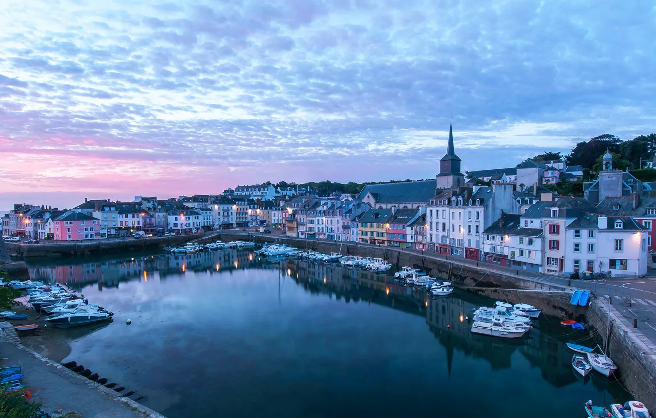 Photo wallpaper boat, France, home, coast, lights, sea, the evening, clouds