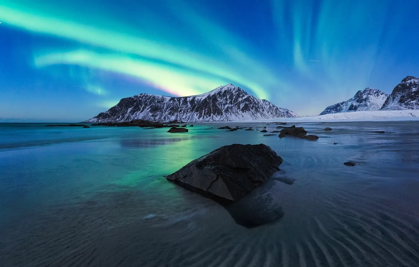 Photo wallpaper Aurora, mountains, sea, Norway, Northern lights