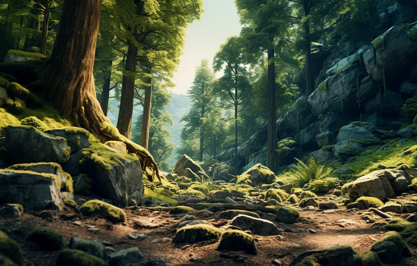 Photo wallpaper forest, summer, light, trees, nature, stones, rocks, fern