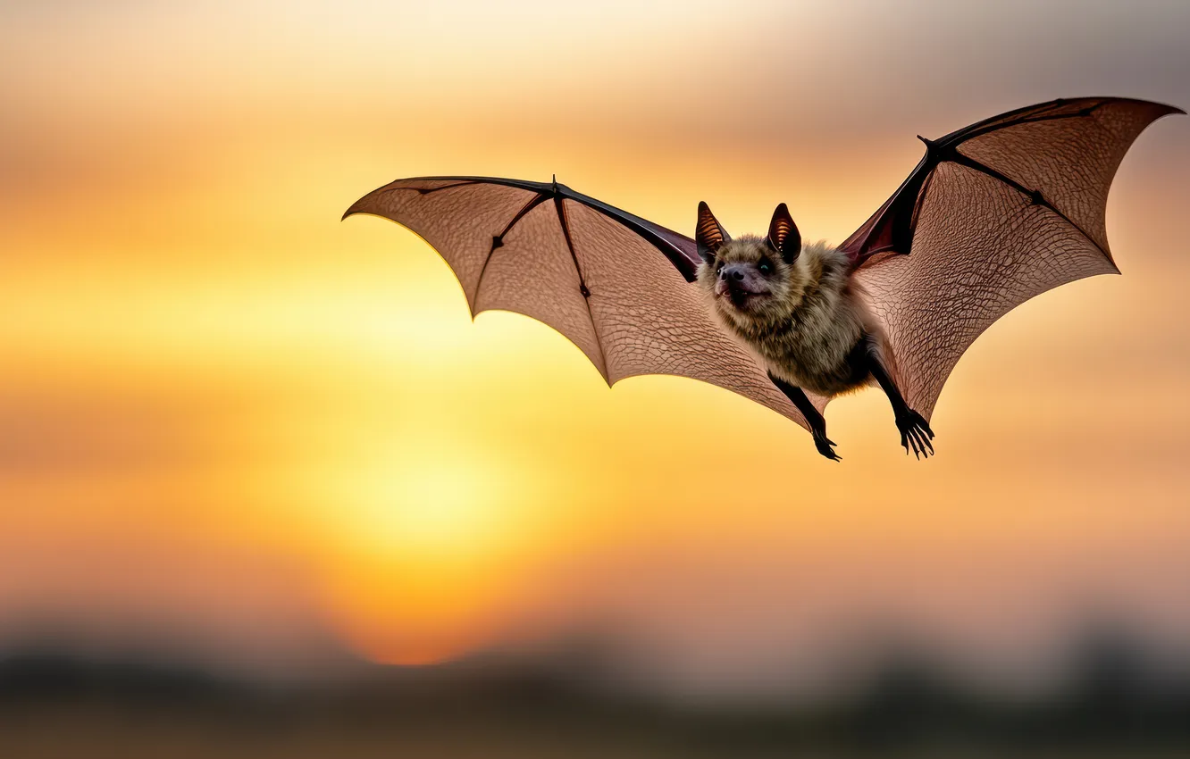 Photo wallpaper the sky, the sun, flight, sunset, bat, flying Fox, Pteropus, wingspan