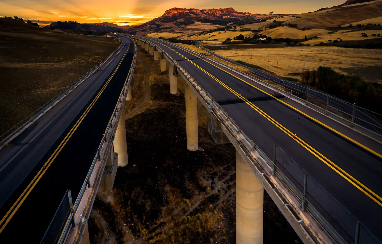 Photo wallpaper road, bridge, Sicily, Leonforte, Highway Sunset, Ital