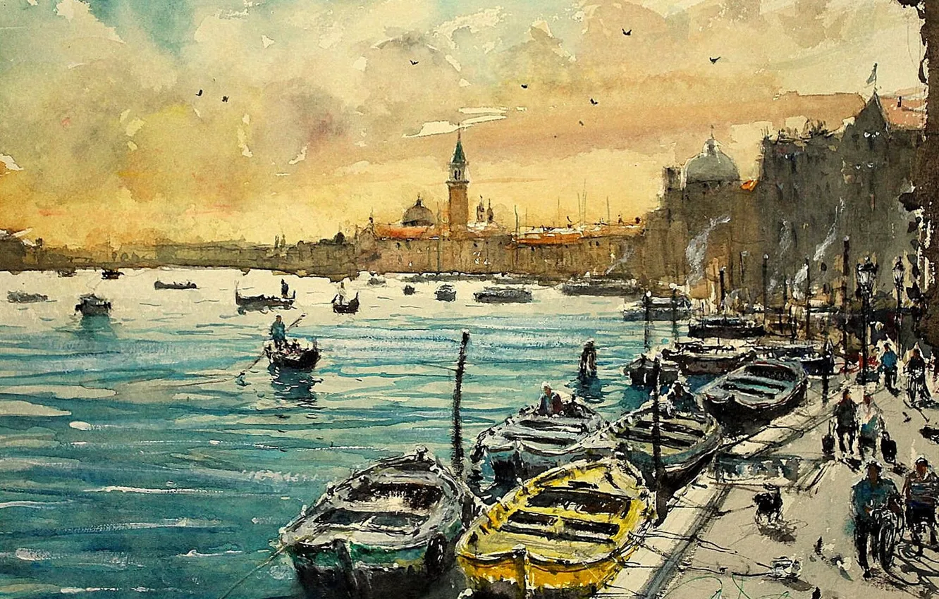 Photo wallpaper boat, home, picture, watercolor, Venice, the urban landscape, Maximilian DAmico