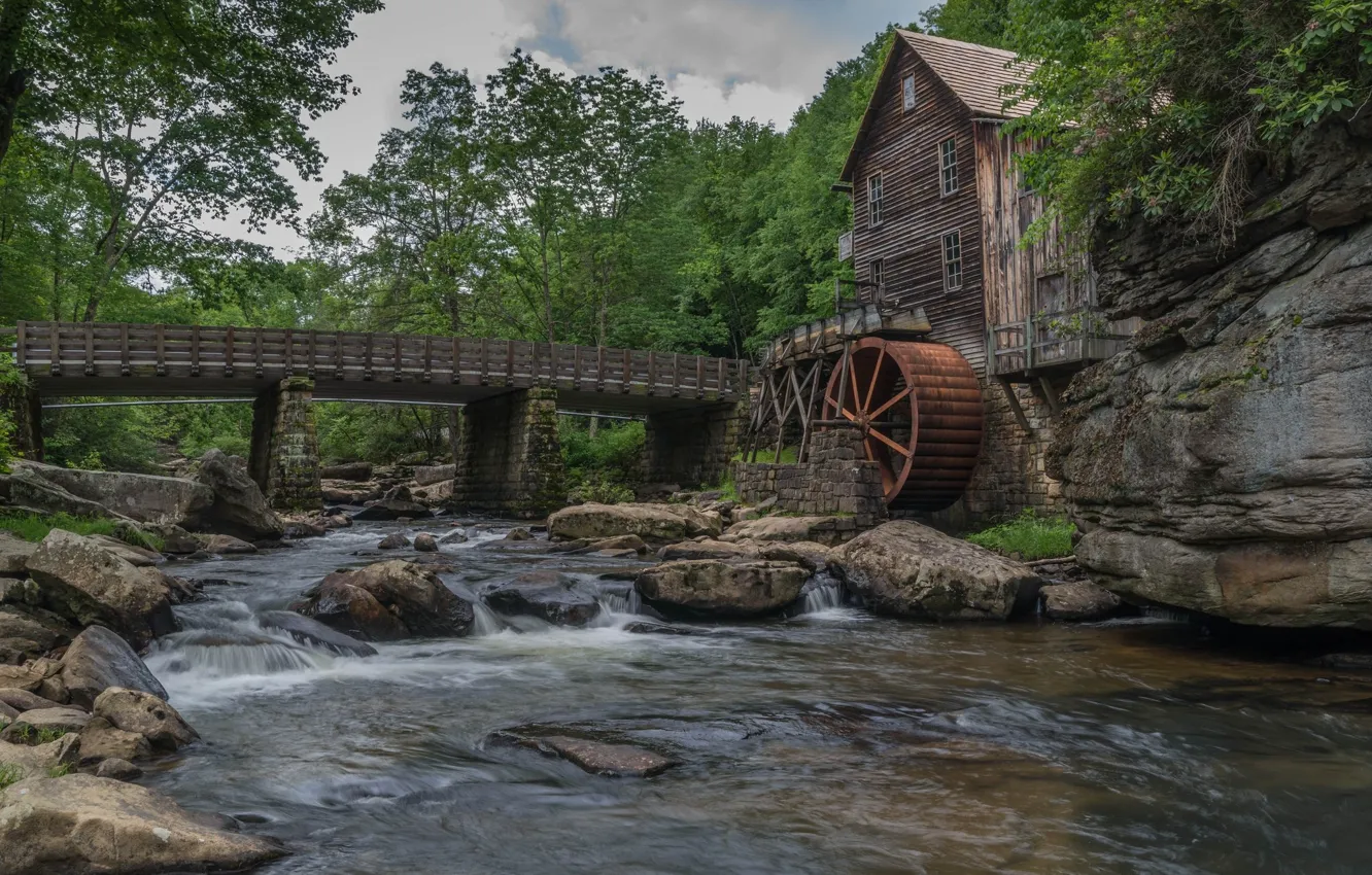 Photo wallpaper house, river, mill, a water mill