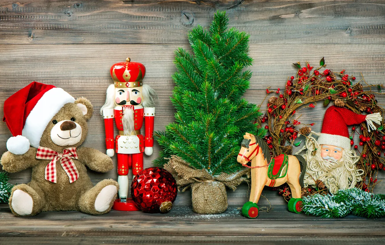 Photo wallpaper branches, red, holiday, toys, ball, Christmas, bear, New year