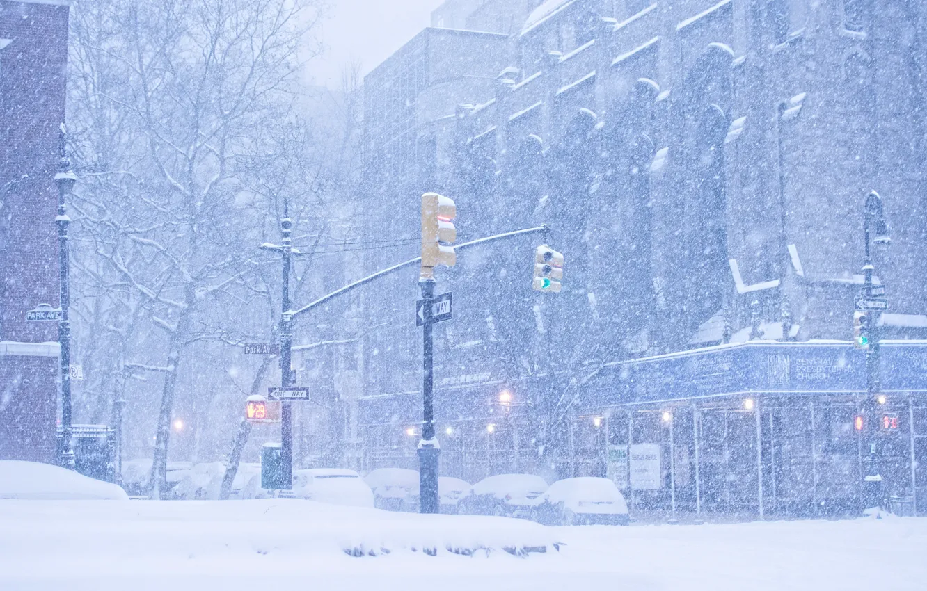 Photo wallpaper winter, the city, New York, Snowfall, "Johnson"