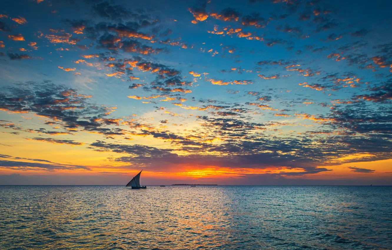 Photo wallpaper the sky, clouds, sunset, the ocean, boat, sky, ocean, sunset