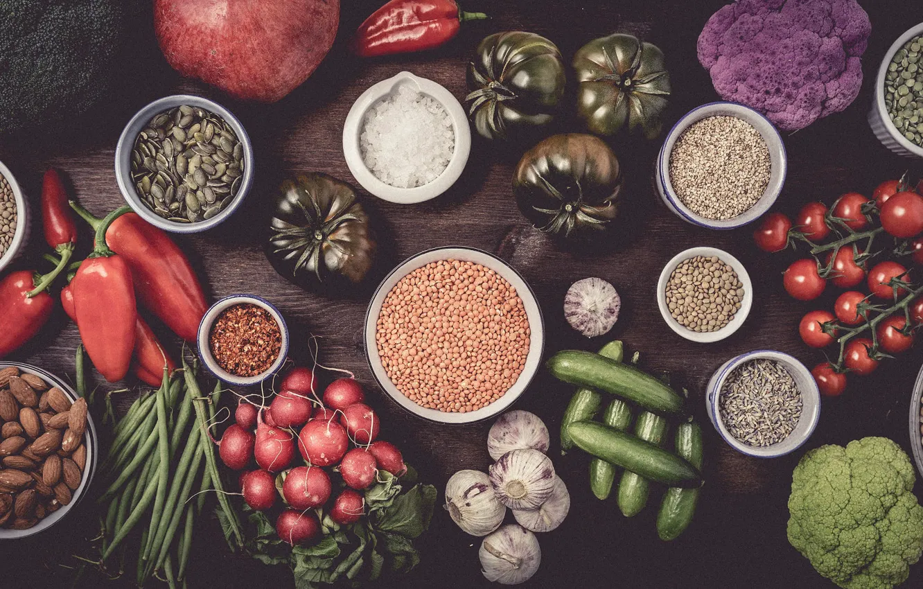Photo wallpaper green, the dark background, table, Board, colored, peas, pepper, bowl