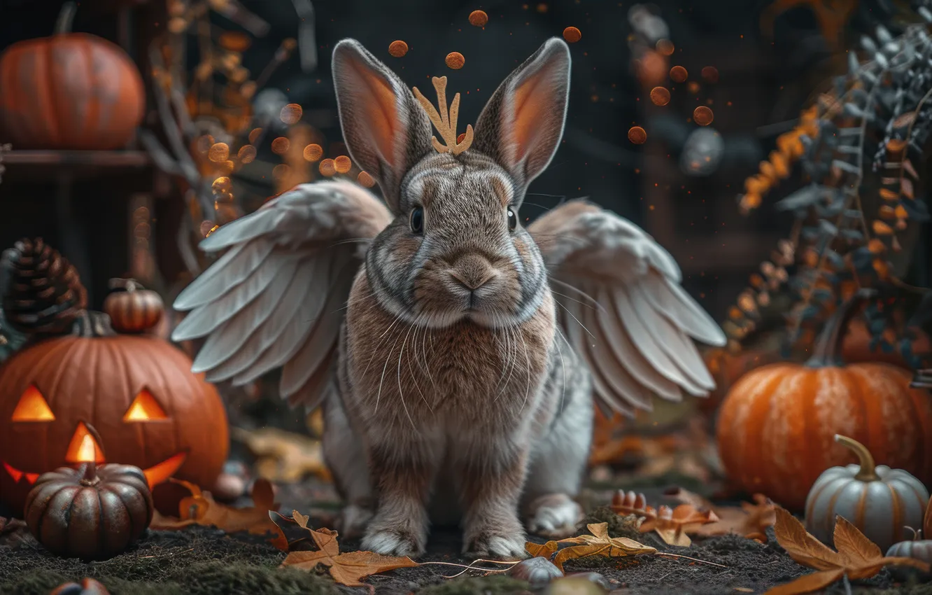 Photo wallpaper Halloween, neural network, look, holiday, AI art, rabbit, autumn, the scenery