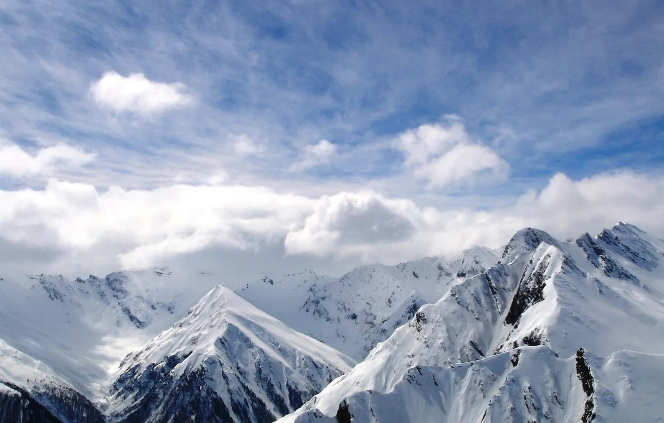 Photo wallpaper winter, the sky, clouds, snow, landscape, mountains, nature, rocks