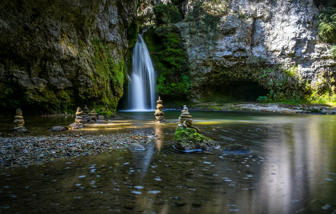 Photo wallpaper water, stones, rocks, waterfall, moss, Switzerland