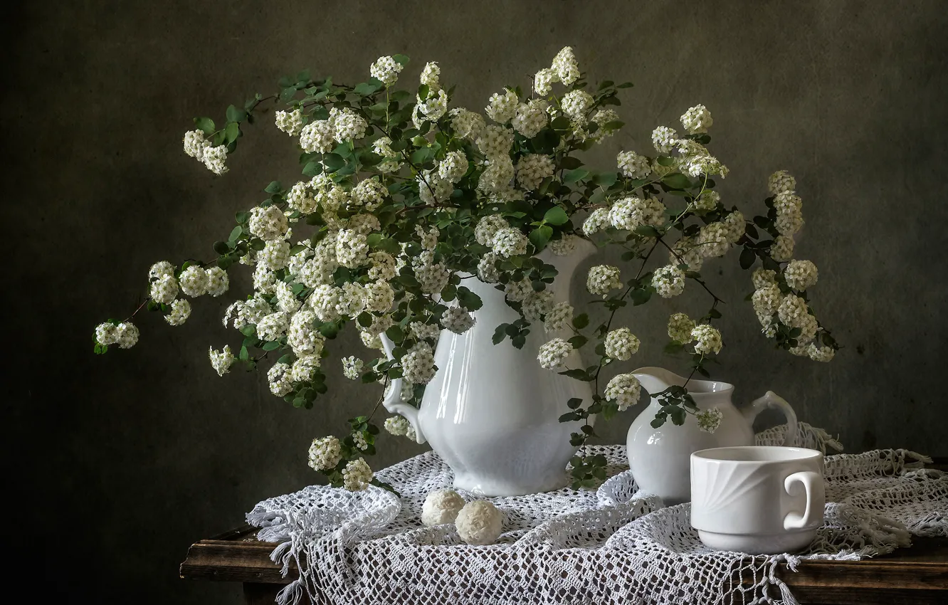 Photo wallpaper branches, bouquet, candy, mug, pitcher, still life, flowers, napkin