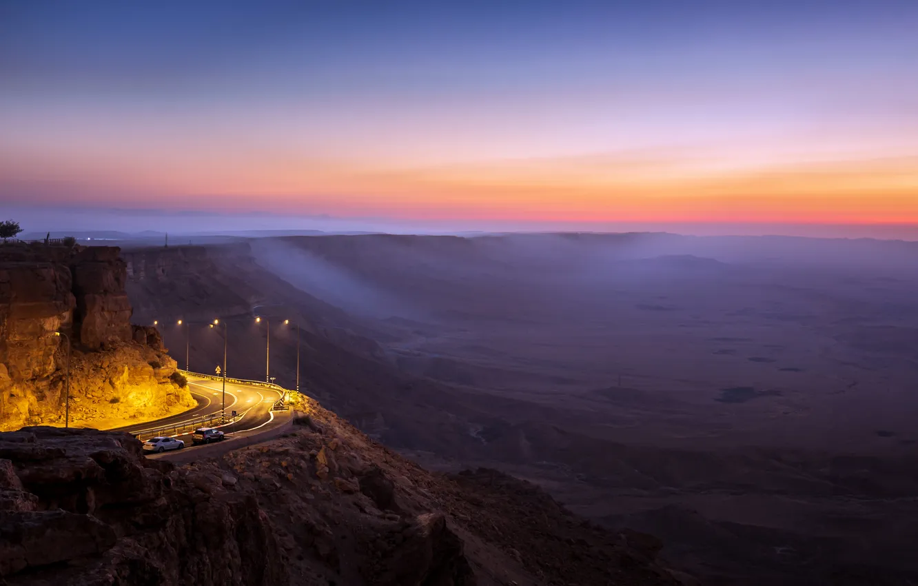 Photo wallpaper car, road, trees, landscape, sunset, mountains, rocks, evening