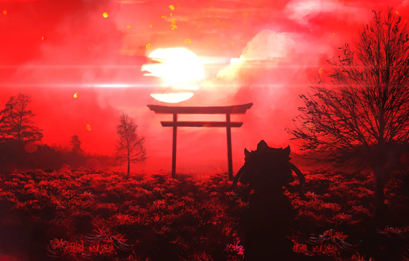 Photo wallpaper girl, the sun, torii, Touhou Project, scarlet sunset, licorice, by Akyuun, Shiki Eiki Yamazanadu