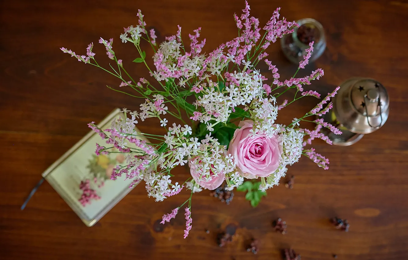 Photo wallpaper flowers, sprig, table, roses, bouquet, lights, book, pink