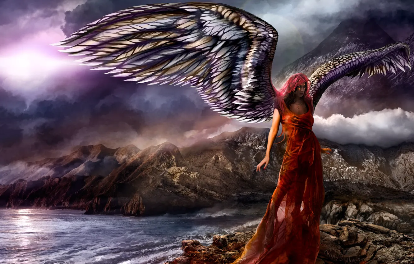 Photo wallpaper sea, the sky, water, girl, mountains, clouds, fiction, the ocean