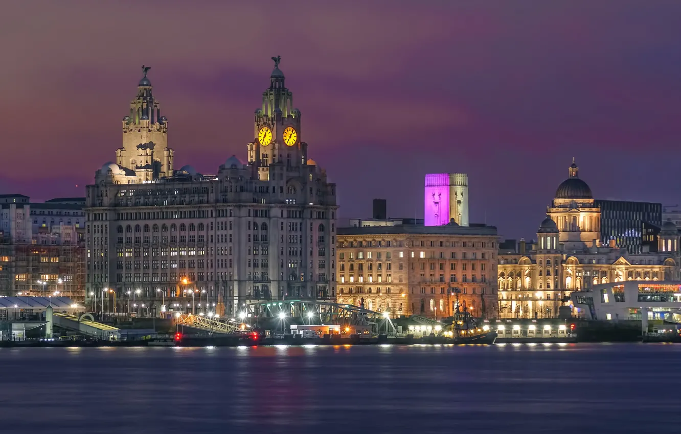 Photo wallpaper night, lights, river, England, home, lights, Liverpool, Liverpool