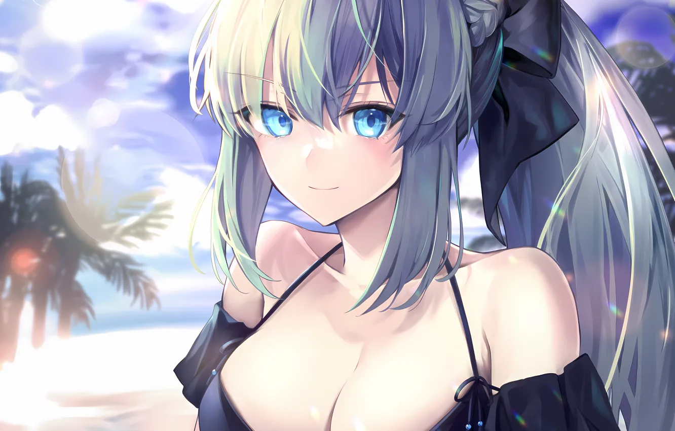 Photo wallpaper girl, sexy, cleavage, sky, long hair, boobs, anime, beautiful