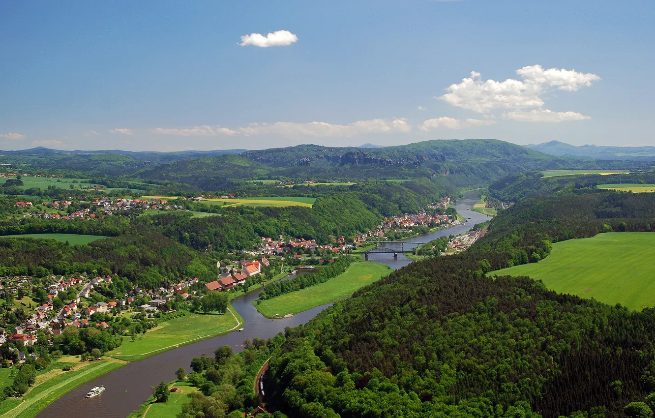Photo wallpaper the sky, trees, bridge, the city, river, Germany, valley
