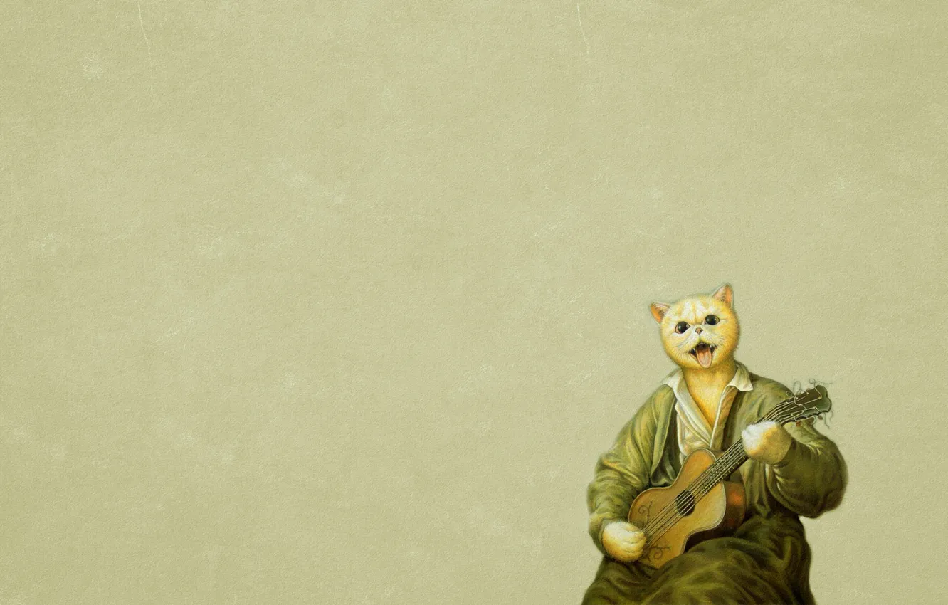 Photo wallpaper cat, guitar, painting, sitting, plays