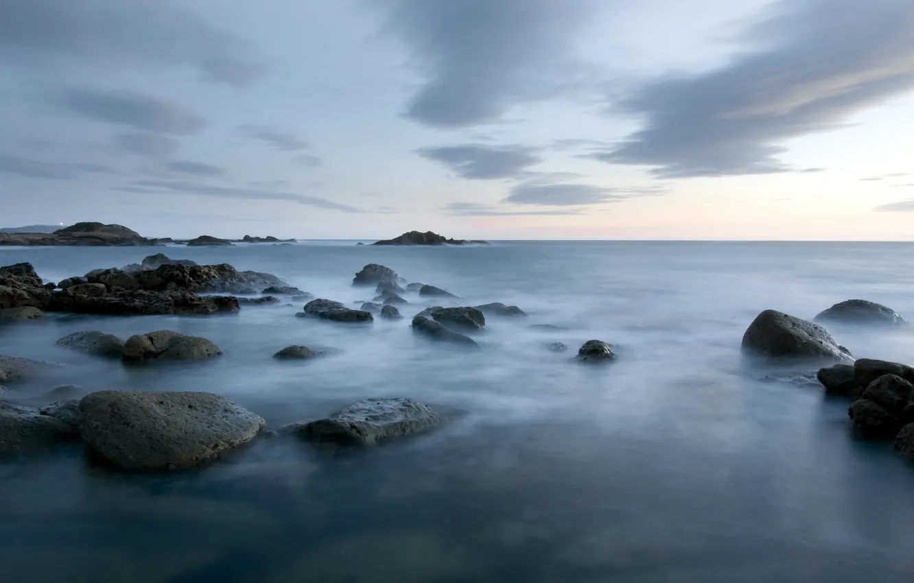 Photo wallpaper sea, landscape, night, stones