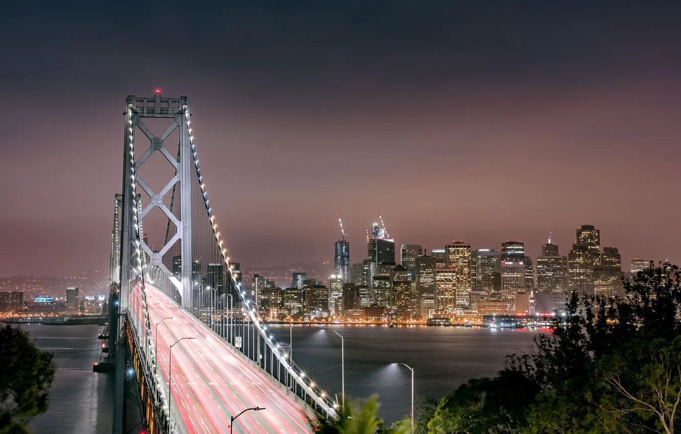 Photo wallpaper pond, bridge, lights, building, California