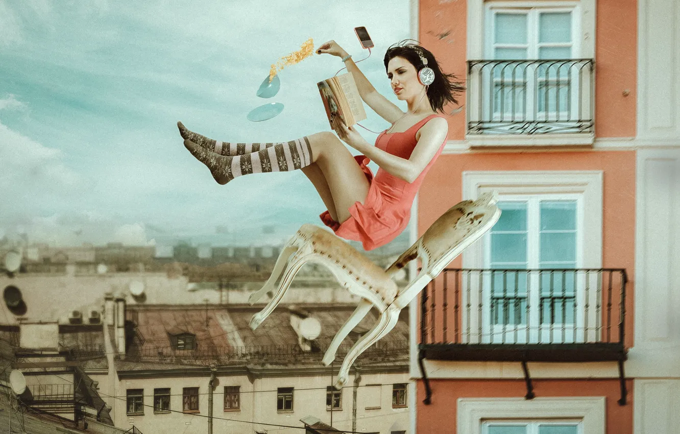 Photo wallpaper girl, the city, home, headphones, chair, book, flight, Krish