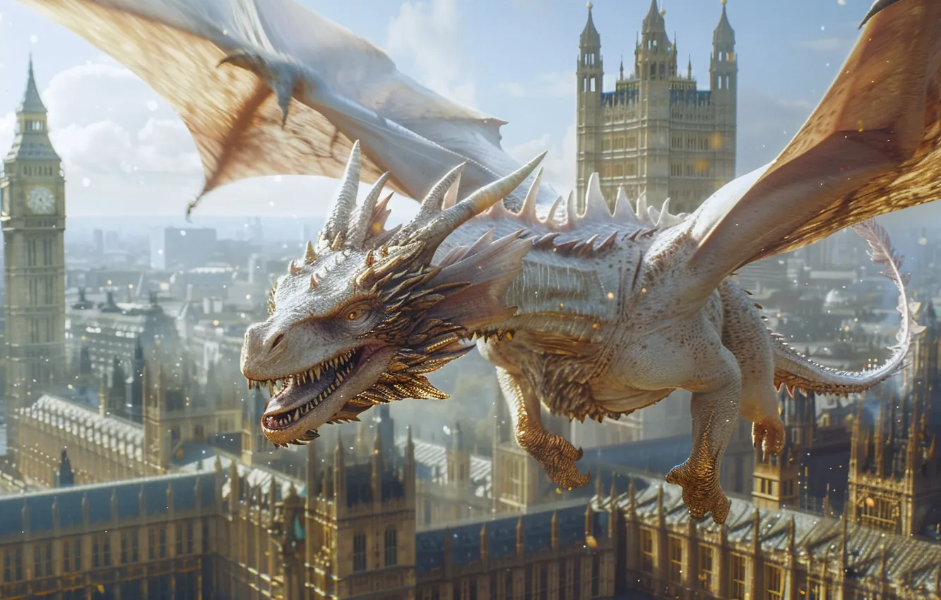 Photo wallpaper face, flight, the city, dragon, home, wings, digital art, AI art