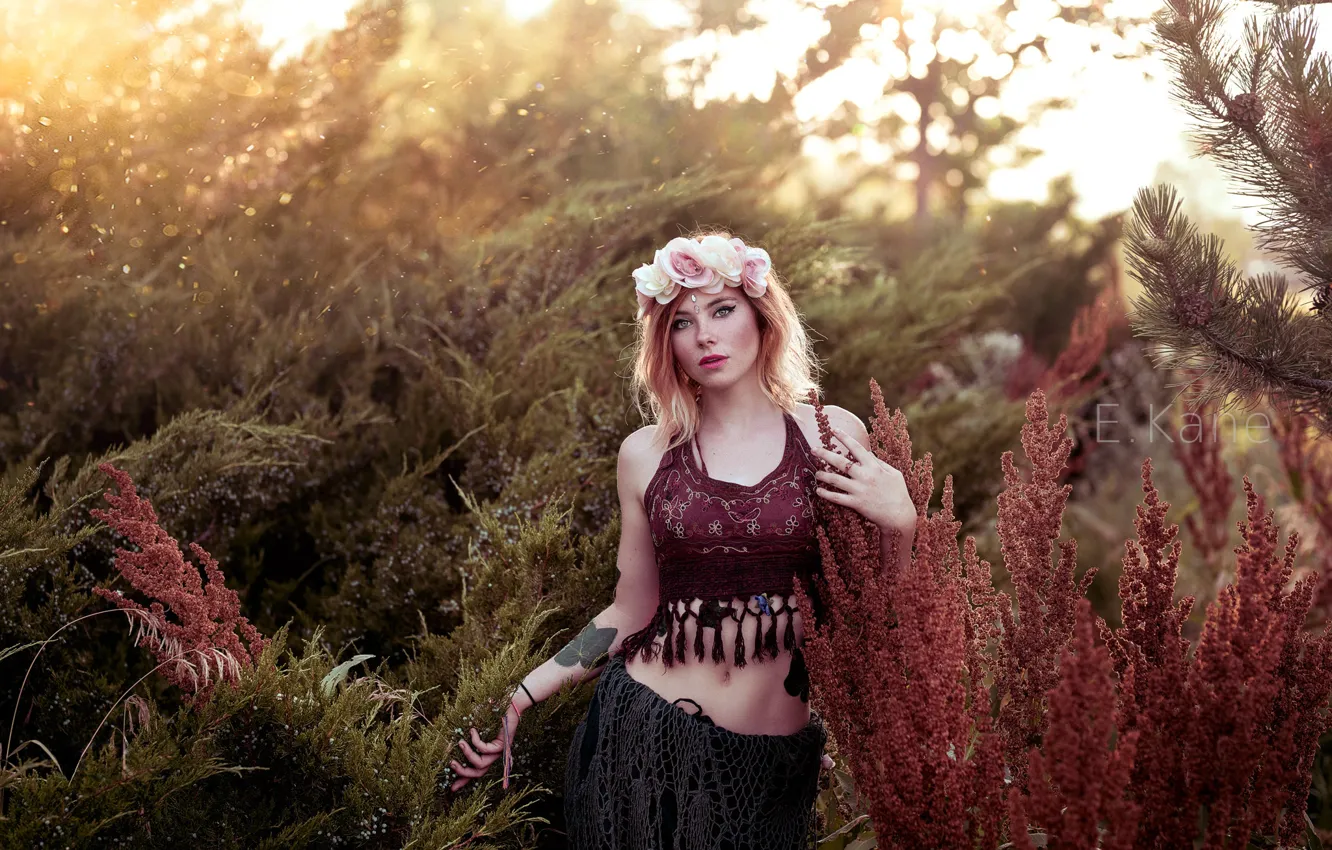 Photo wallpaper look, trees, pose, model, skirt, portrait, makeup, figure