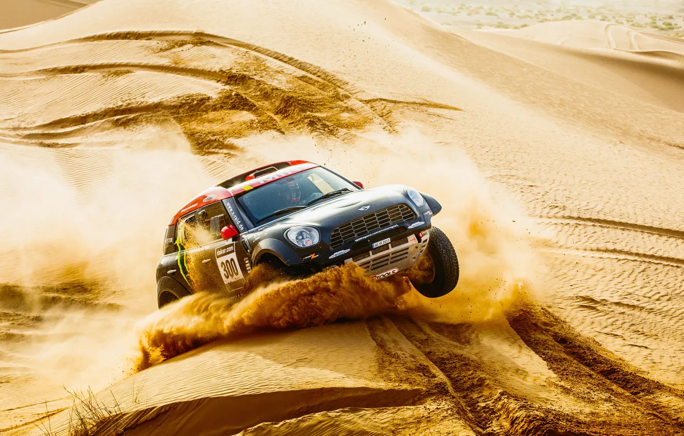 Photo wallpaper sand, race, black, sport, desert, speed, Mini, dust