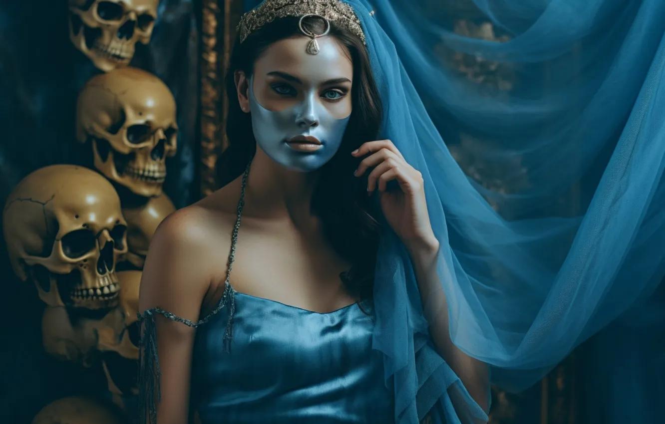 Photo wallpaper eyes, look, girl, face, skull, portrait, mask, fantasy