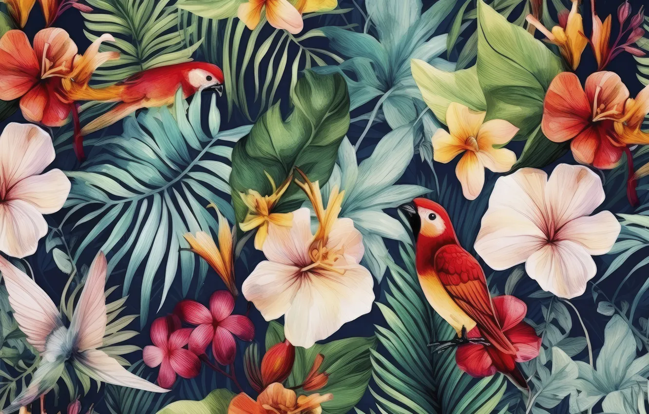Photo wallpaper flowers, bird, AI art, neural network