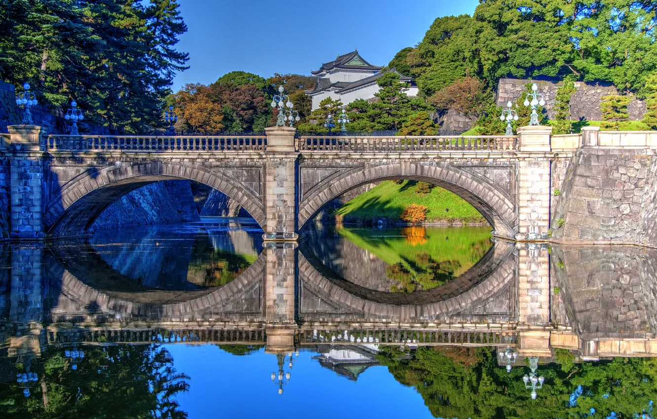 Photo wallpaper water, bridge, reflection, Japan, Tokyo, Tokyo, Japan, Palace