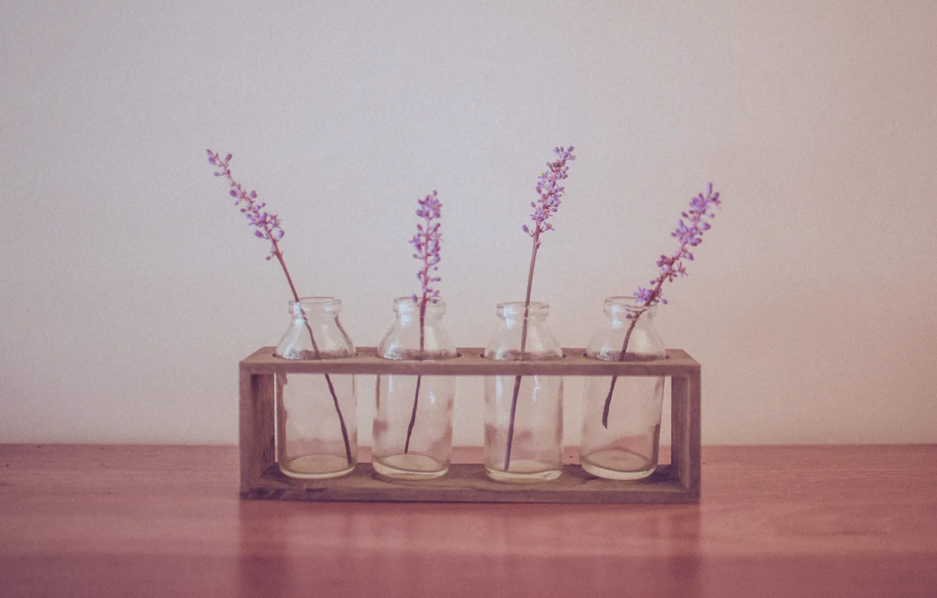 Photo wallpaper wood, flowers, jars