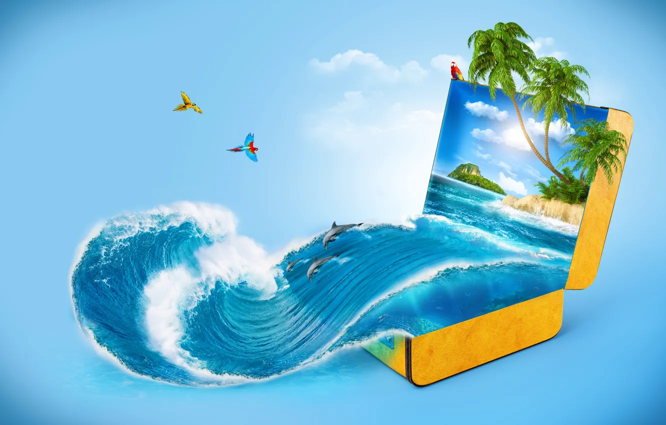 Photo wallpaper sea, palm trees, creative, wave, dolphins, suitcase, parrots