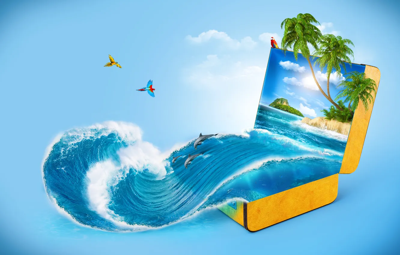 Photo wallpaper sea, wave, palm trees, creative, parrot, dolphins, suitcase