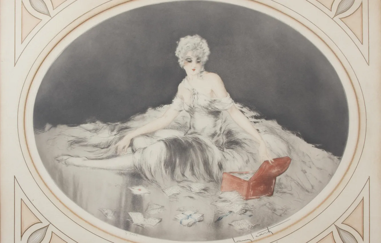 Photo wallpaper 1926, Louis Icart, art Deco, etching and aquatint, red chest, Love letters