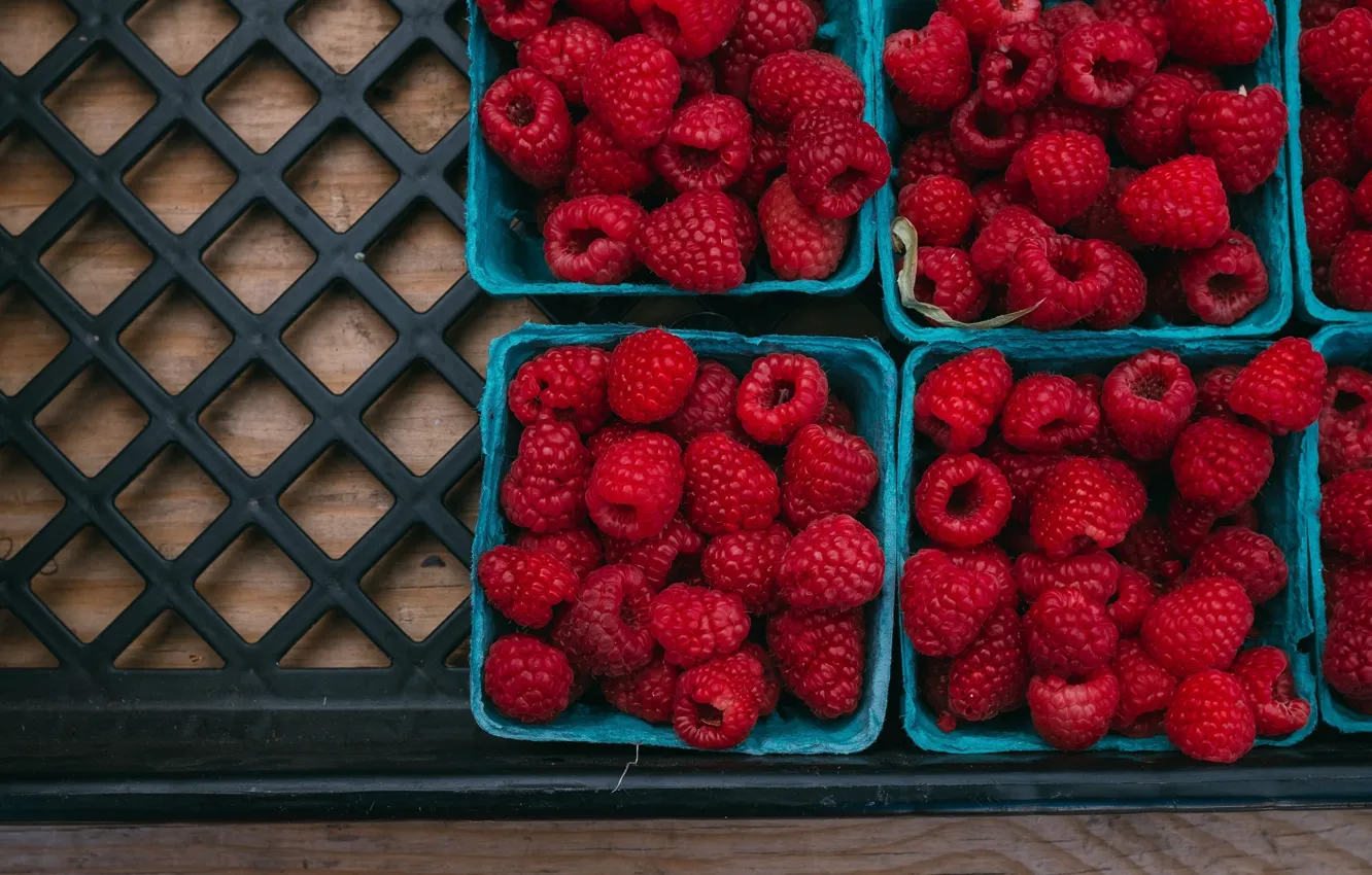Photo wallpaper berries, raspberry, food, harvest, box, a lot, containers, delicious