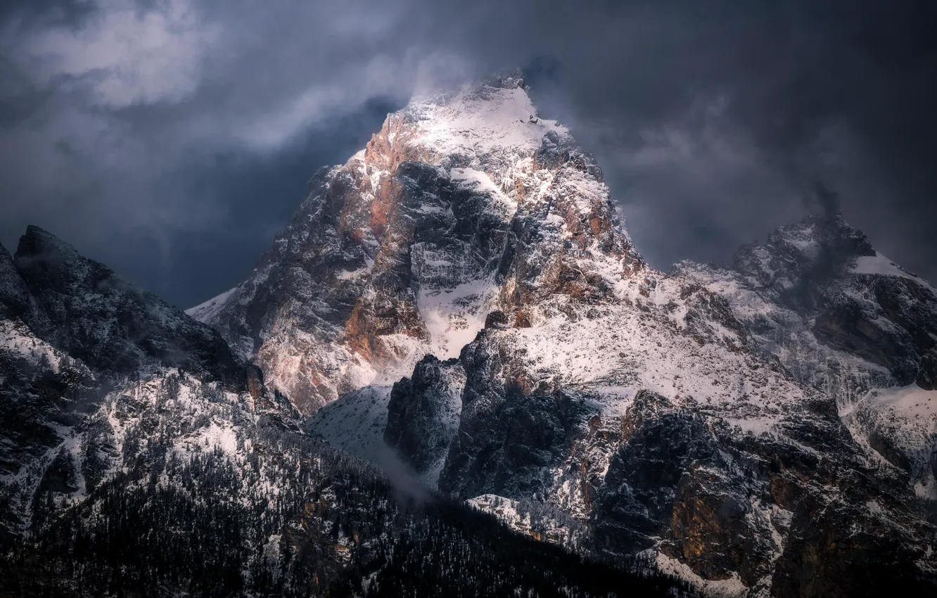 Photo wallpaper winter, the sky, snow, trees, mountains, clouds, nature, rocks